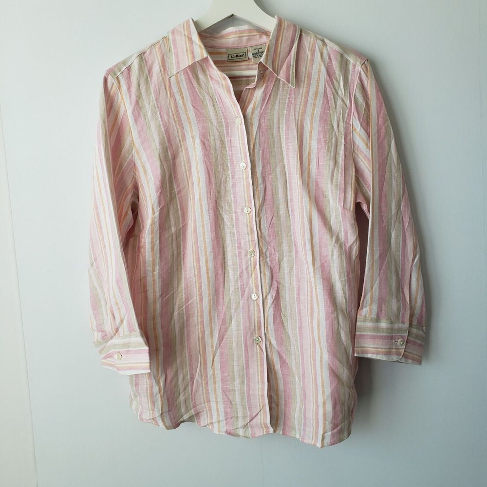 l.l bean womens shirt size S button up 100% linen striped 3/4 sleeve
